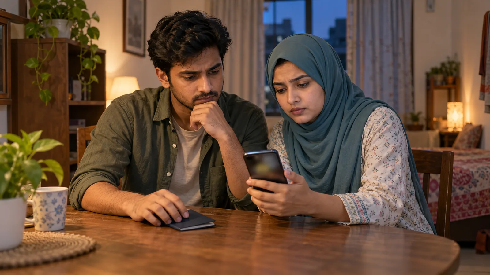 A Bangladeshi man and woman in a hijab study a phone at home, with a closed passport under his hand.
