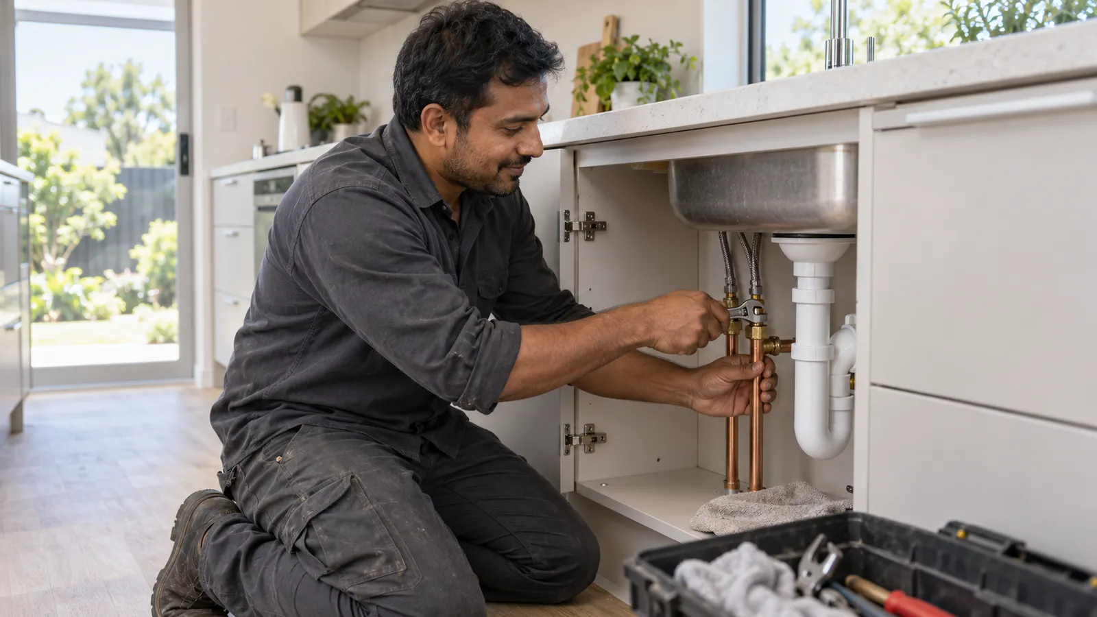 A Bangladeshi plumber kneels under a kitchen sink, fitting copper pipes with a wrench in a bright modern home.