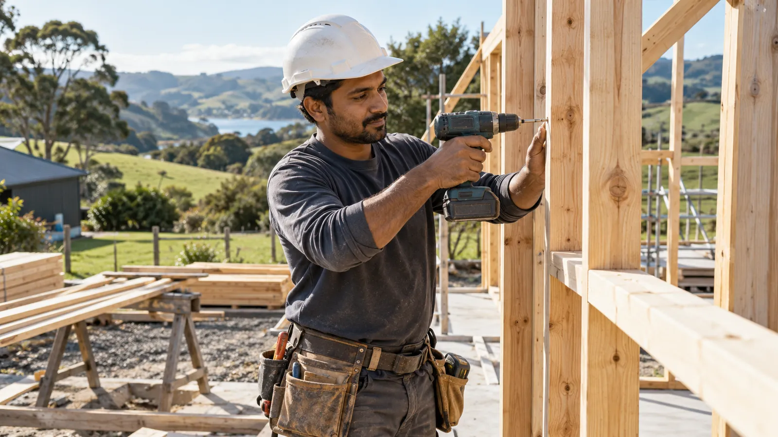 A Bangladeshi tradesman in a hard hat drills into a timber building frame in rural New Zealand.