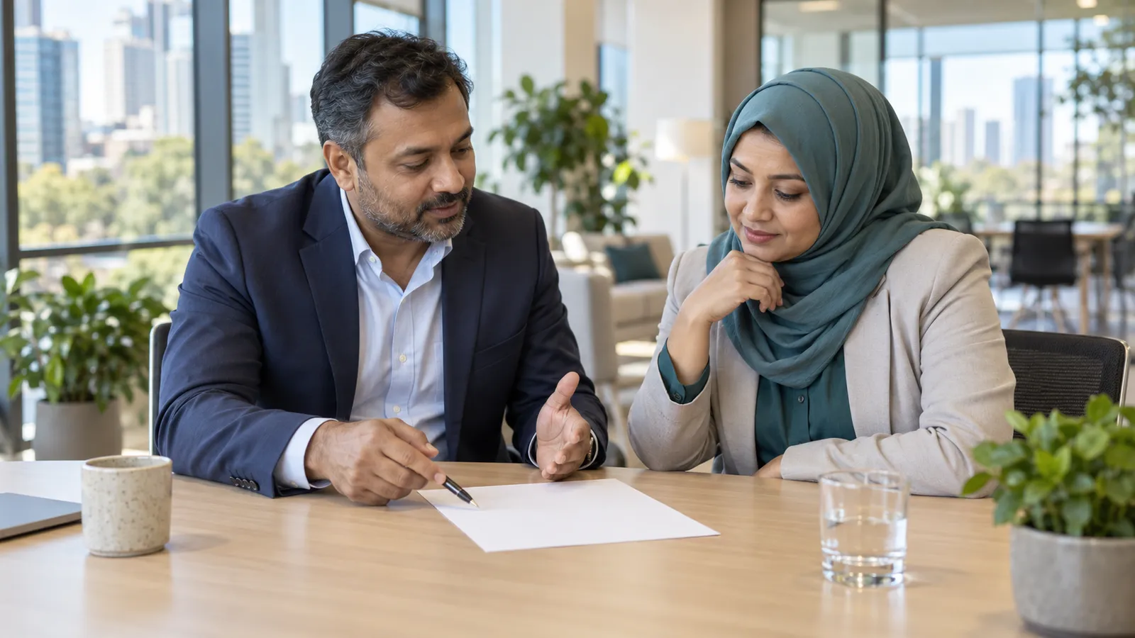 A Bangladeshi manager reviews a document with a colleague wearing a teal hijab in a bright office.
