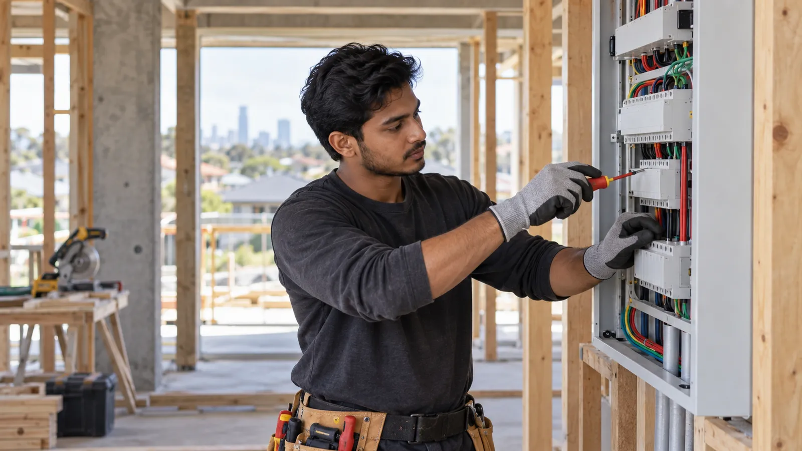 A Bangladeshi electrician wearing gloves works on an electrical switchboard at an Australian building site.