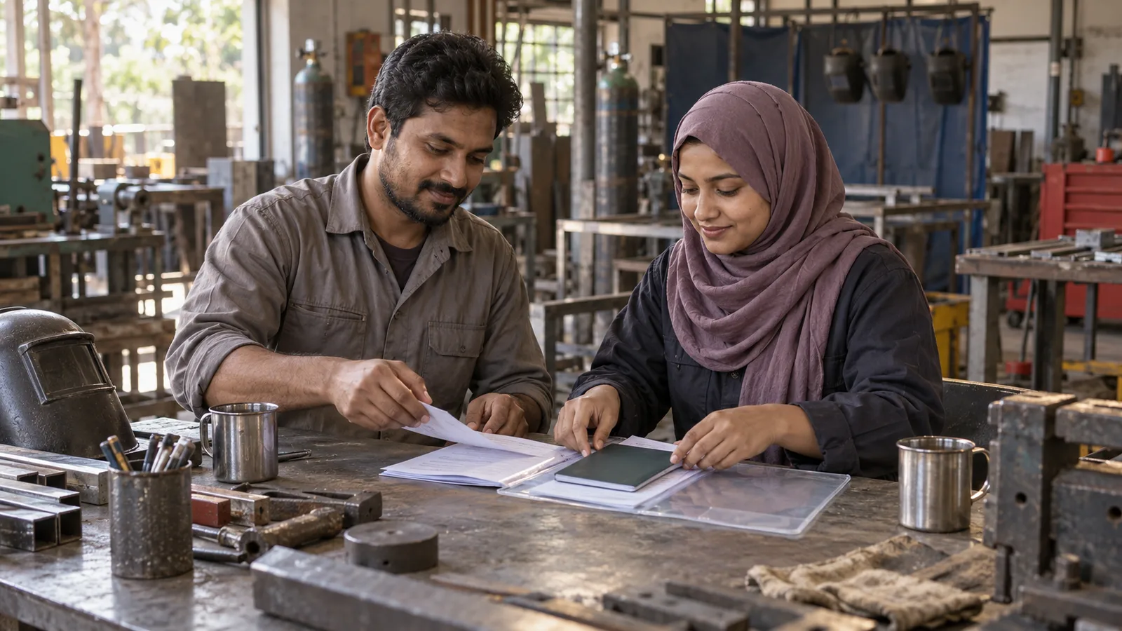 Two Bangladeshi metalworkers sort payment slips and a passport into a clear folder at a workshop bench.