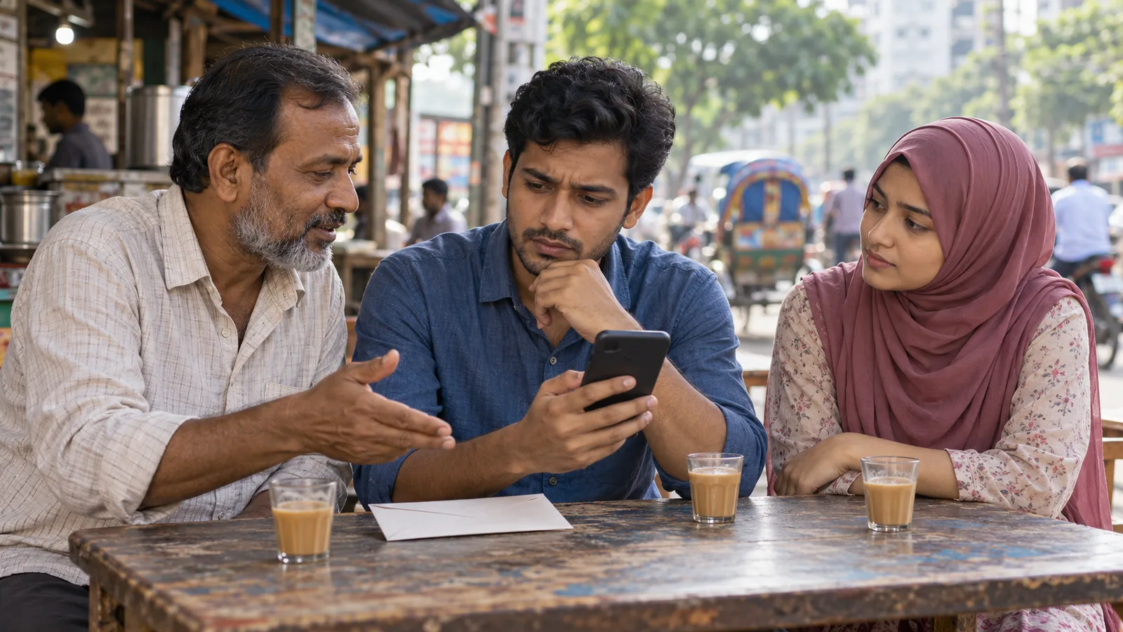 A young Bangladeshi man studies his phone at a Dhaka tea stall as an older man gestures and his sister watches.