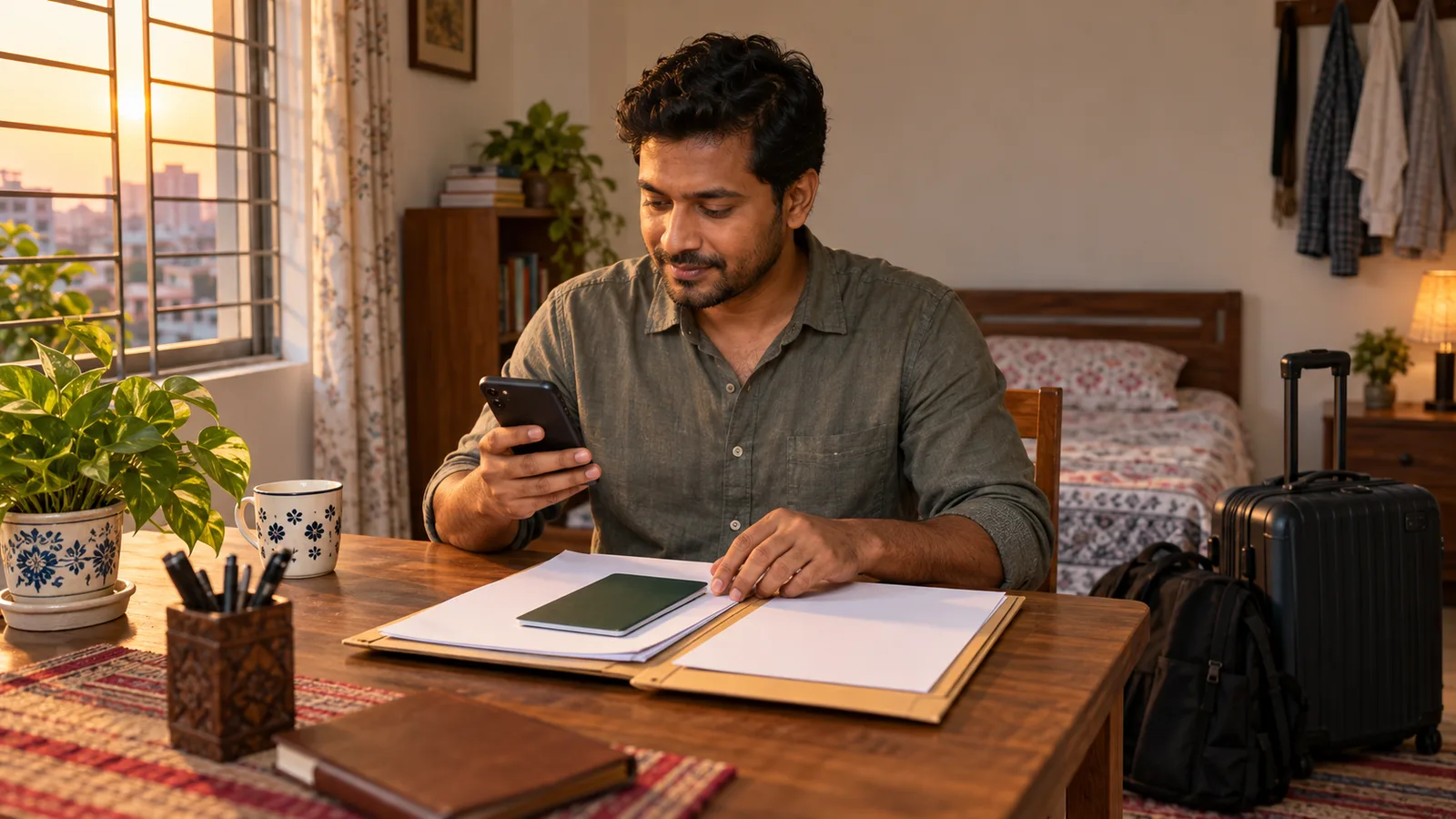 A Bangladeshi man holds a phone while arranging travel documents at home in warm evening light.