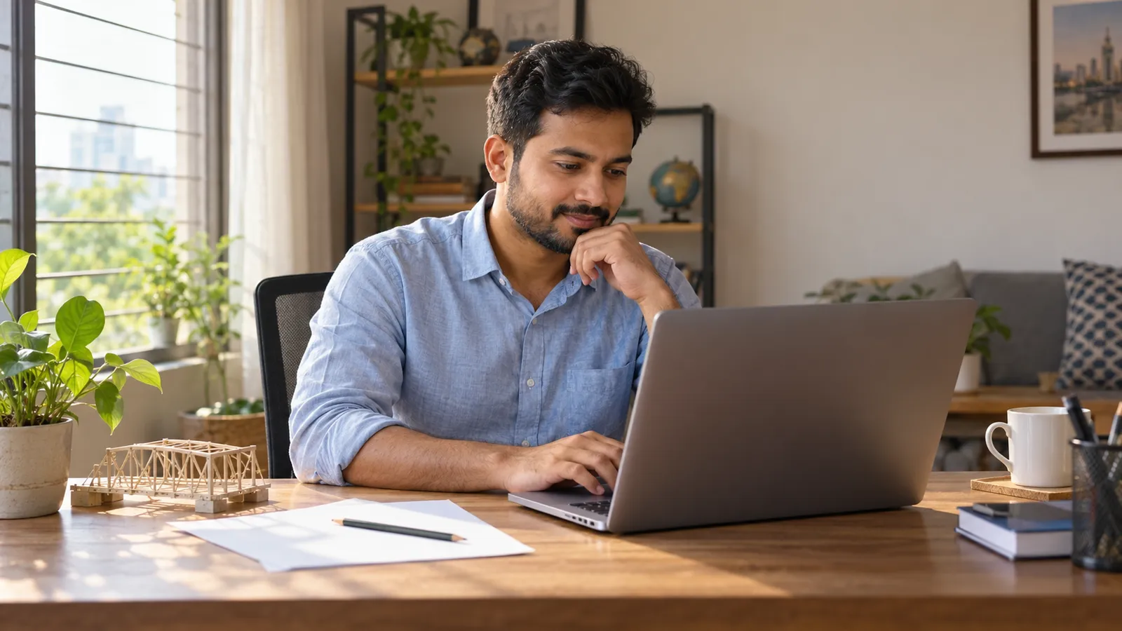 Bangladeshi engineer uses a laptop at a sunlit home desk, with blank papers and a small bridge model nearby.