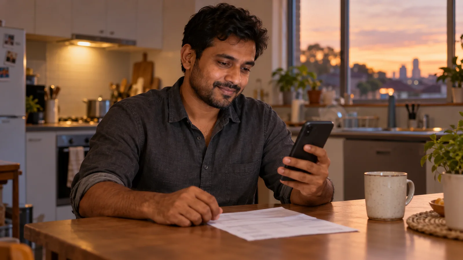 Bangladeshi worker checks his phone beside a pay slip at a kitchen table in Australia at dusk.