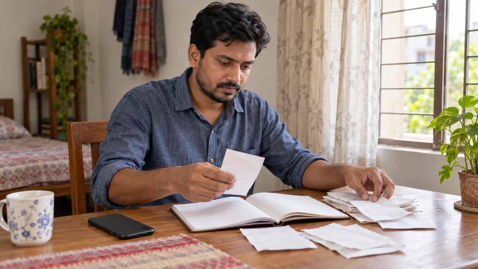 A Bangladeshi man sorts receipts beside an open notebook and phone at a small table in his home.