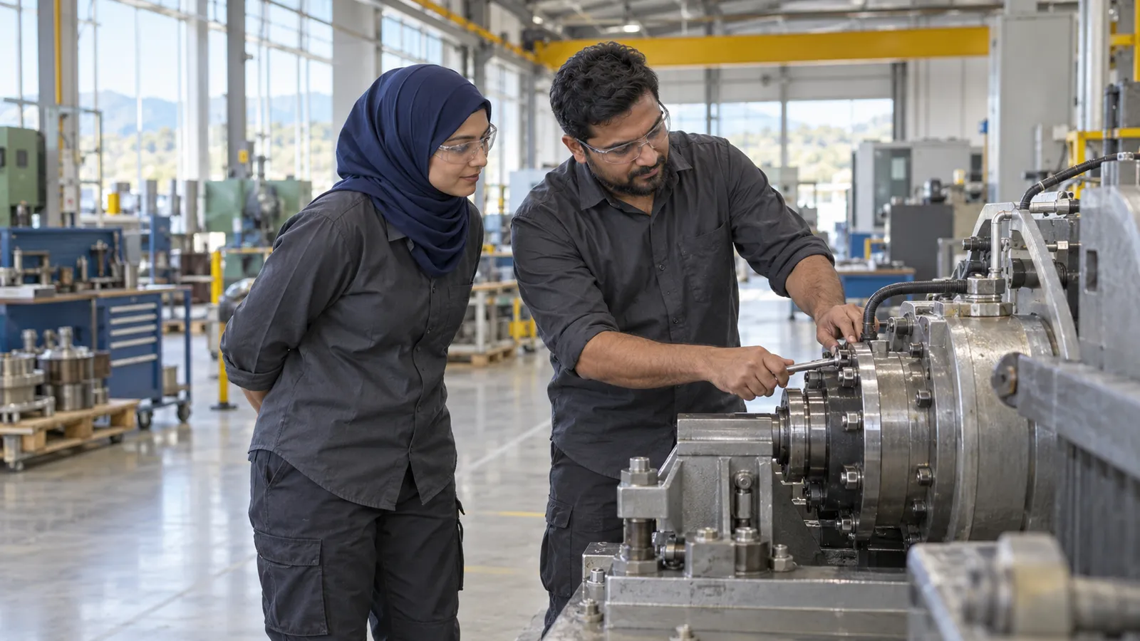 A Bangladeshi technician checks factory machinery beside a female colleague wearing a navy hijab in New Zealand.