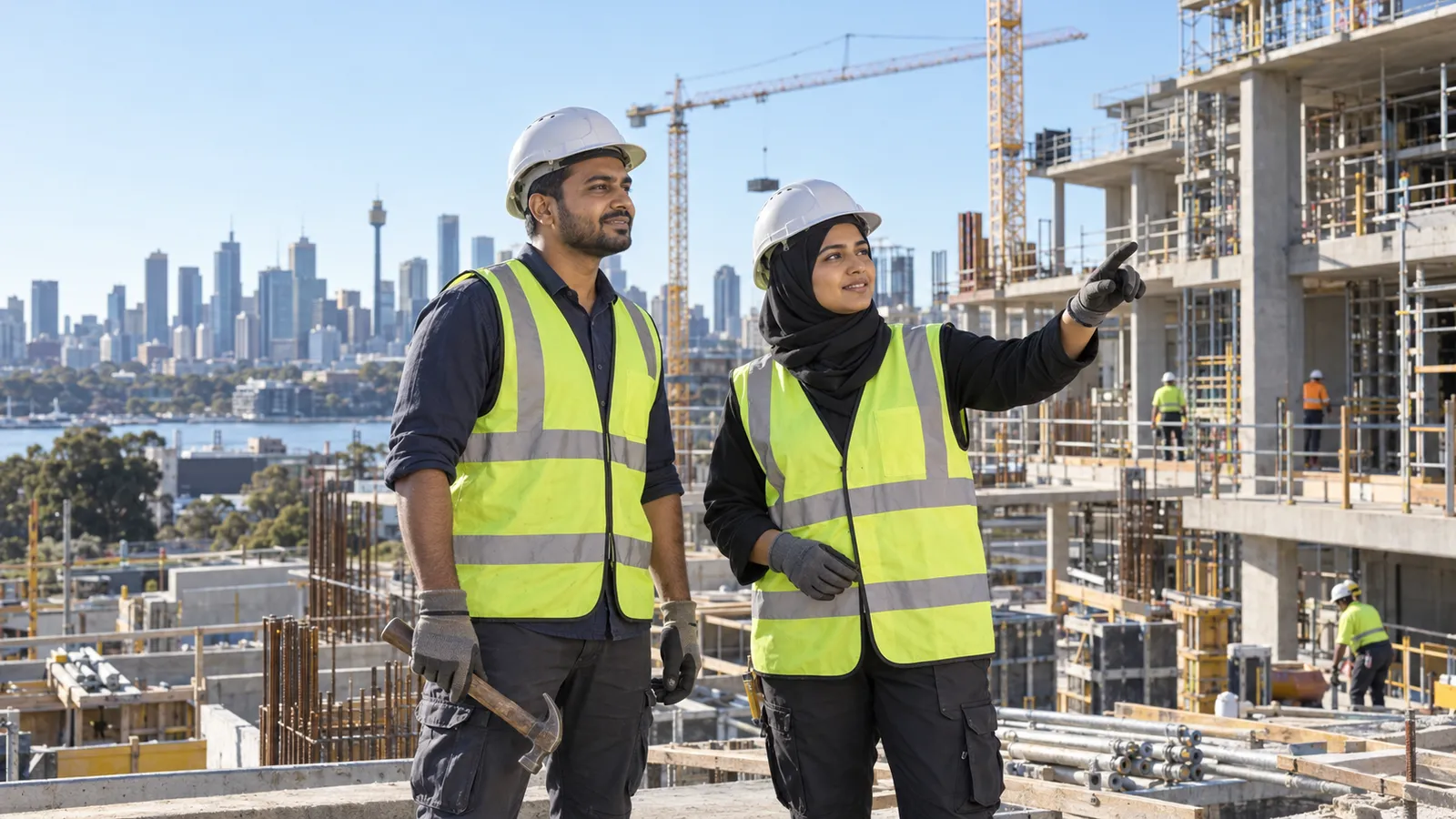 Bangladeshi construction workers in hard hats and safety vests survey a large Australian building site.