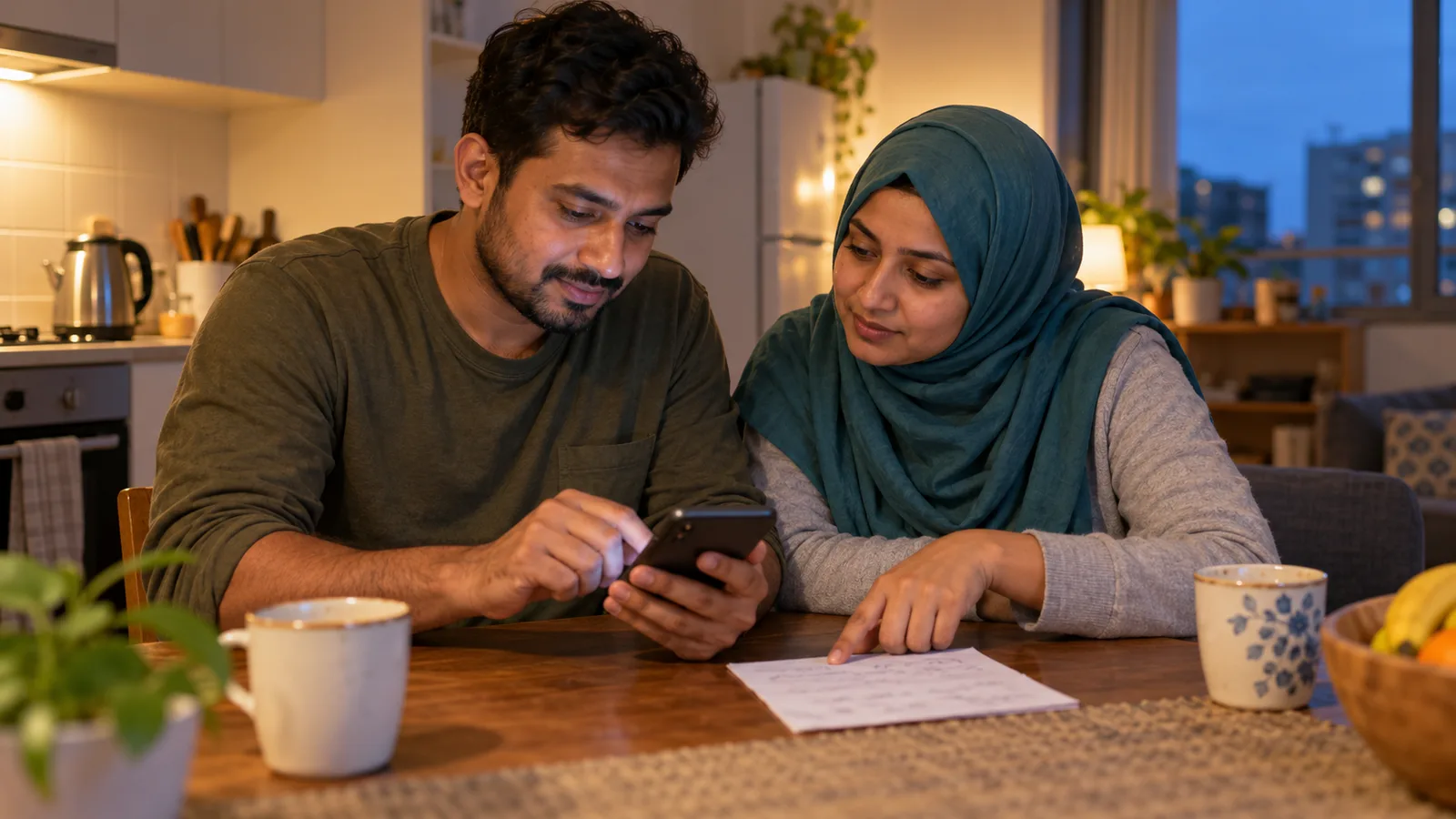 Bangladeshi couple at a kitchen table in an Australian flat checking a phone beside a handwritten list.