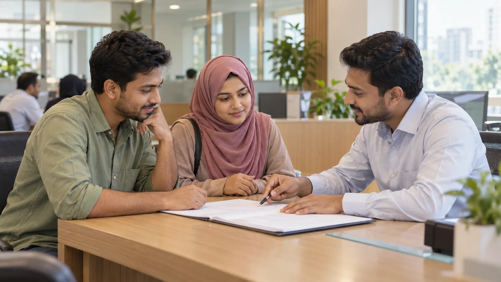 A Bangladeshi man and a woman in a hijab review loan forms with a bank officer in a sunlit Dhaka branch.