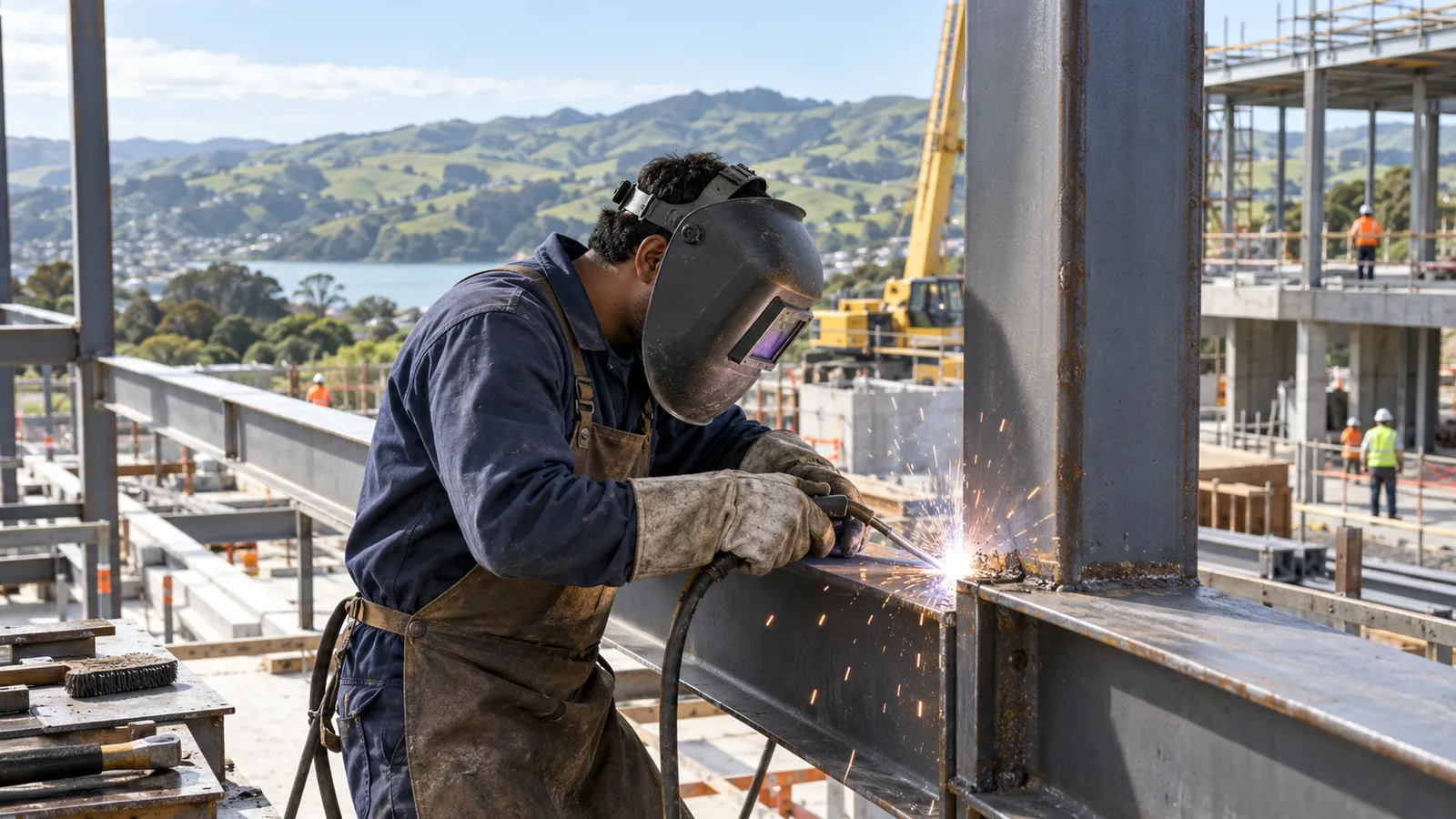 A Bangladeshi welder in protective gear welds a steel frame at a New Zealand construction site overlooking green hills.