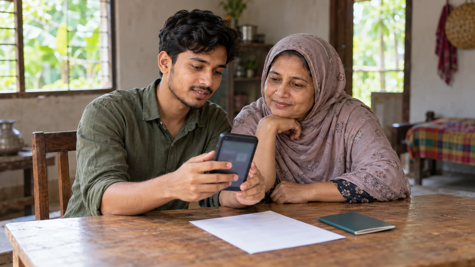 A young Bangladeshi man and his mother check a phone at home, with a receipt and travel booklet on the table.