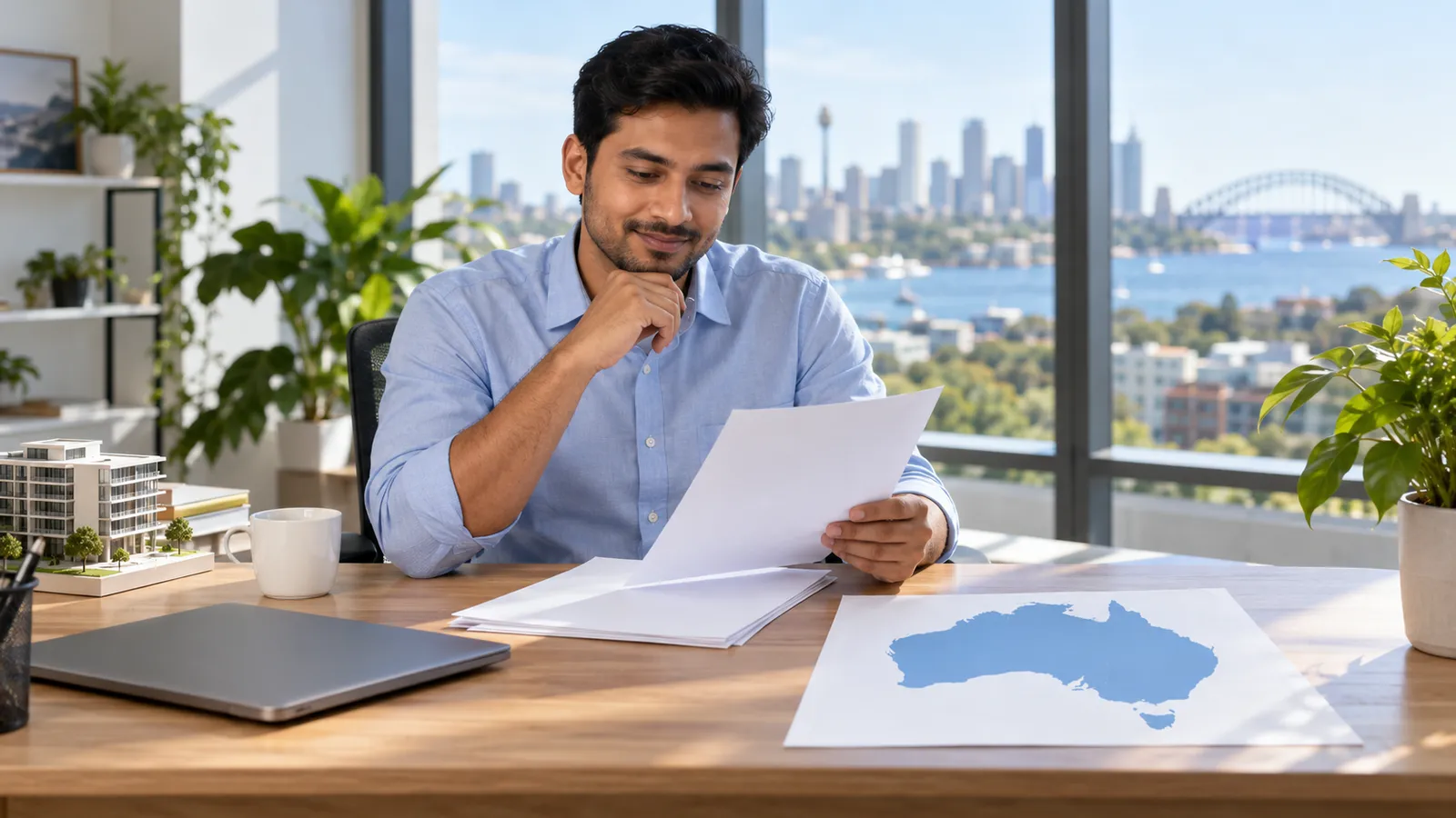 A Bangladeshi engineer reviews paperwork beside a map of Australia at a sunlit desk overlooking Sydney Harbour.