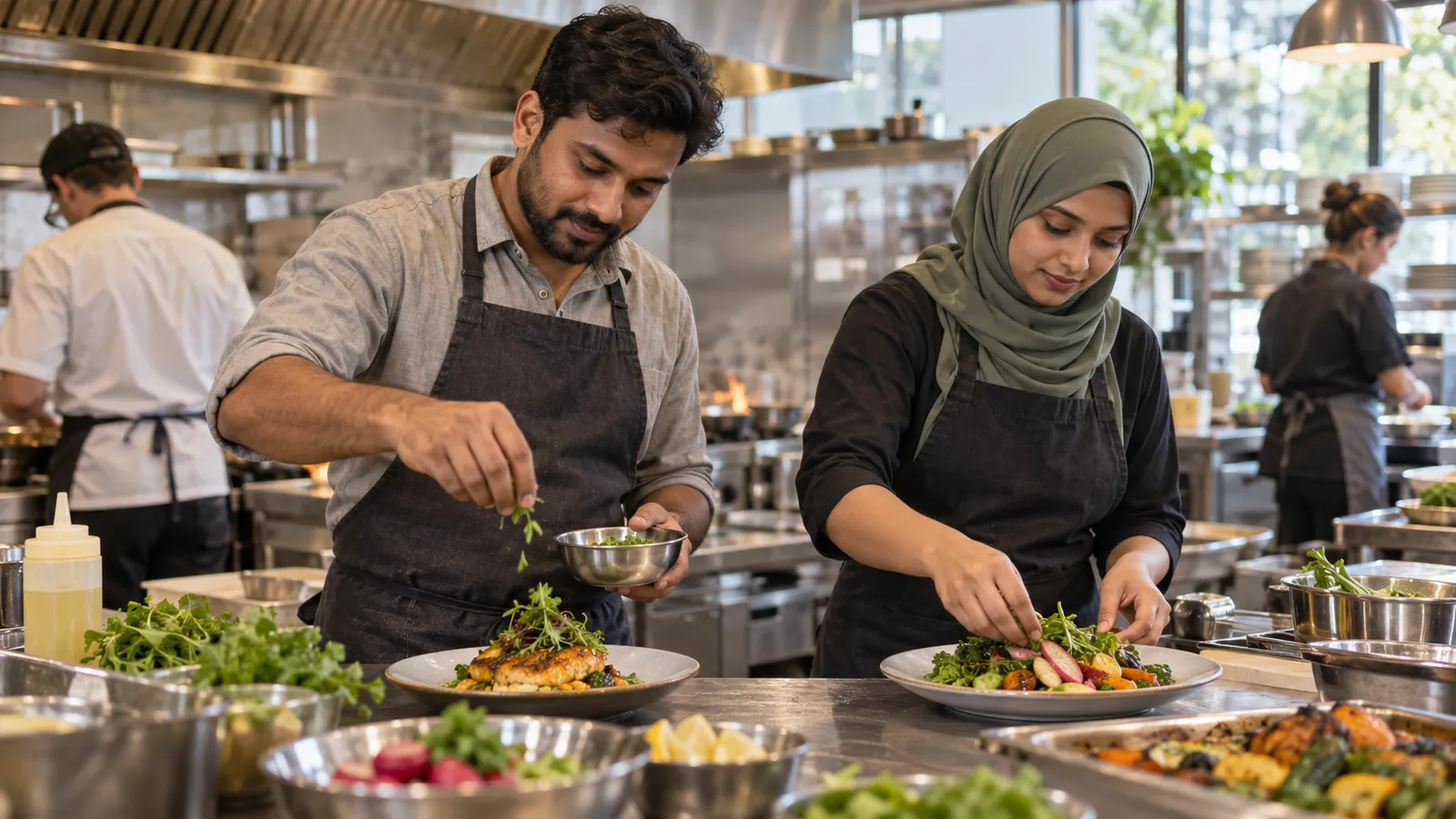 A Bangladeshi man and woman in a hijab plate fresh meals in a busy New Zealand restaurant kitchen.