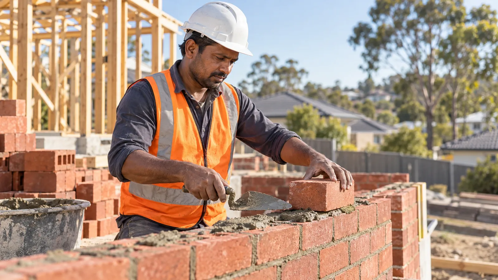 A Bangladeshi bricklayer in a hard hat and orange safety vest lays red bricks at an Australian house building site.