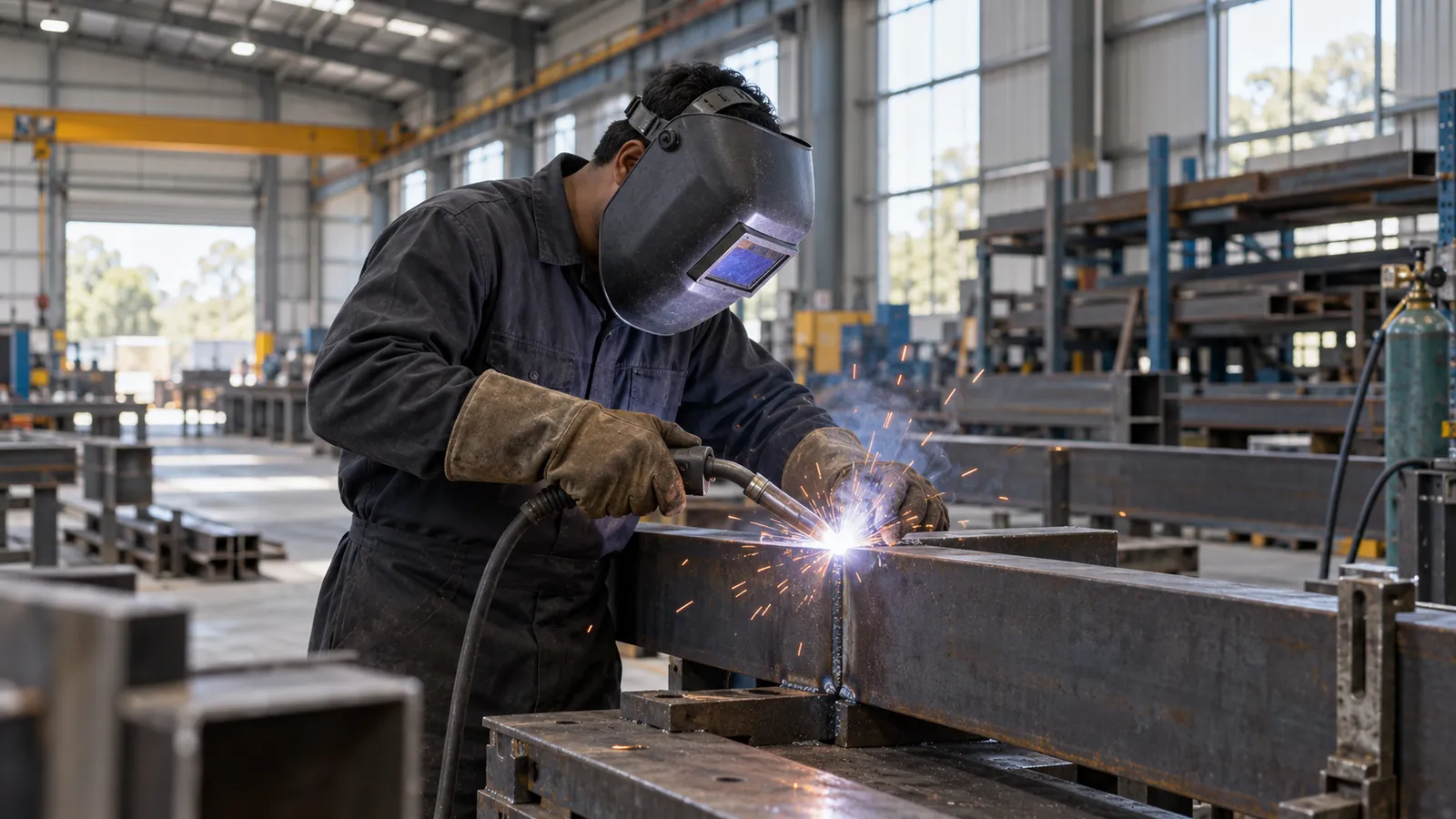 A Bangladeshi welder wearing a protective helmet and gloves joins steel beams in an Australian fabrication workshop.