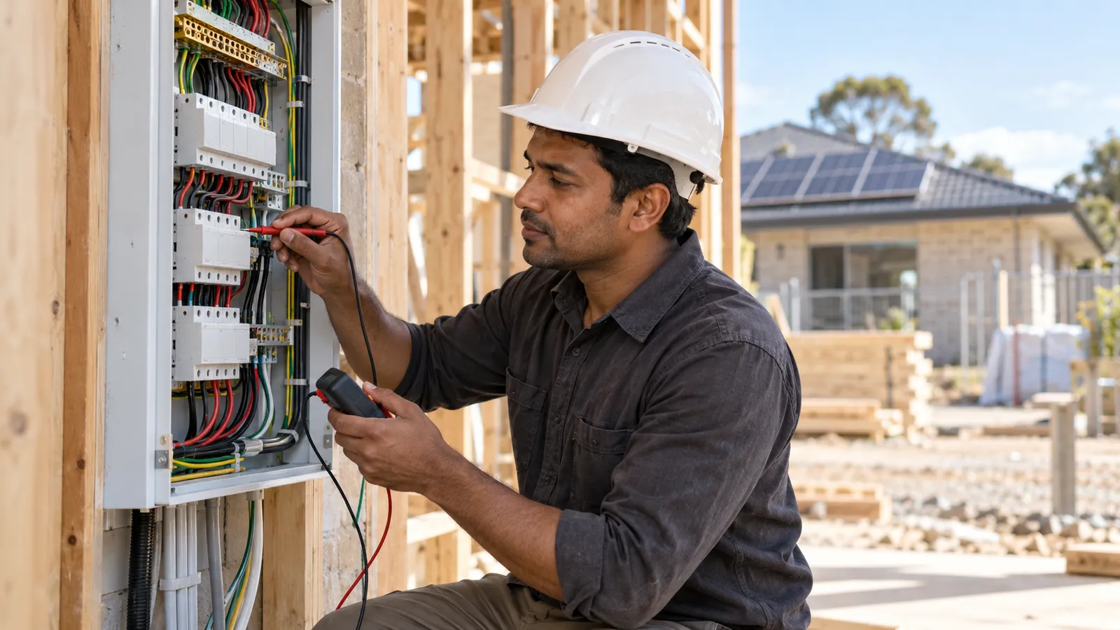 A Bangladeshi electrician checks a switchboard at an Australian building site, with rooftop solar panels behind him.
