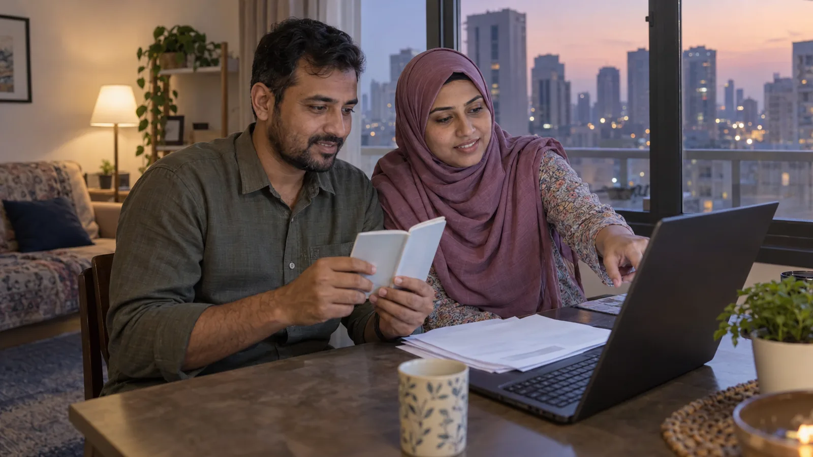 A Bangladeshi couple reviews a laptop and papers in their flat at dusk while the man holds an open passport.